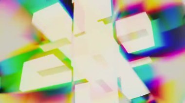 Küplerin ve karelerin renkli soyut hareketi. Dağılma ve kırılma efektleri ile şekillerin ve renklerin 3 boyutlu animasyonu, soyut renkli hareket, kusursuz döngü oluşturur