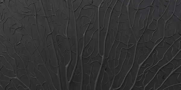 3 d illustration, abstract background. Three-dimensional tree branches  in dark colors with shadow on a dark background. Black background image with a plant theme. Visualization, postcard. Futuristic