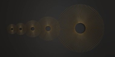 Üç boyutlu illüstrasyon. Farklı boyutlarda altın çemberler çizilmiş. Soyut arkaplan, farklı boyutlarda altın hacimli çemberler siyah arka planda izole edilmiş. Fütürist arkaplan resmi. Üç boyutlu duvar kağıdı. Hazırla. Tatil arkaplanı