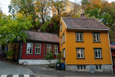 Wooden colorful small houses on Damstredet Street in Oslo, Norway