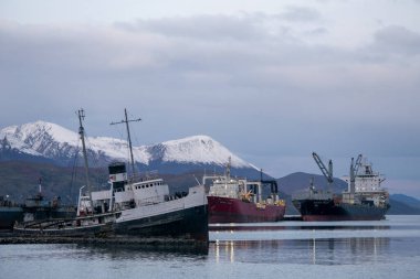 Ushuaia limanındaki gemiler, Tierra del Fuego. Arjantin