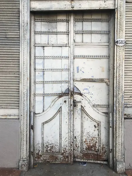 Old double white metal door of a house