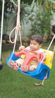 little boy playing with a swing in the park