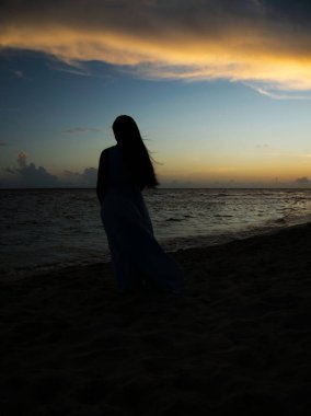      Sahilde günbatımının tadını çıkaran kadın görüntüsü                          