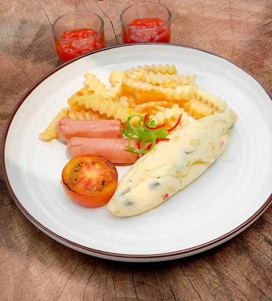 omelette with sausage and french fries