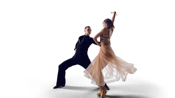 Pareja Bailarines Realizar Danza Aislado Blanco —  Fotos de Stock