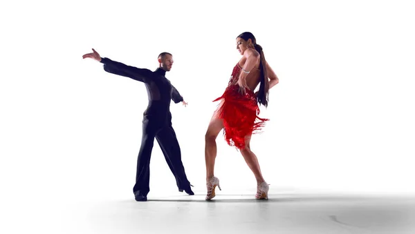 Pareja Bailarines Realizar Danza Aislado Blanco — Foto de Stock
