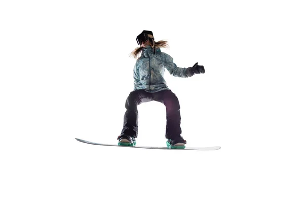 Snowboardista Dívka Akci Izolované Bílém — Stock fotografie