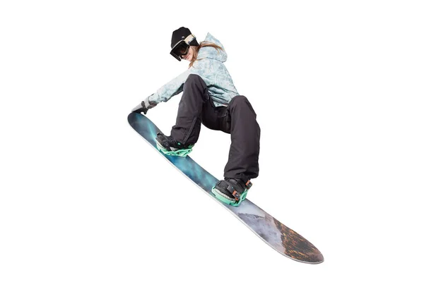 Snowboarder Flicka Aktion Isolerad Vit — Stockfoto