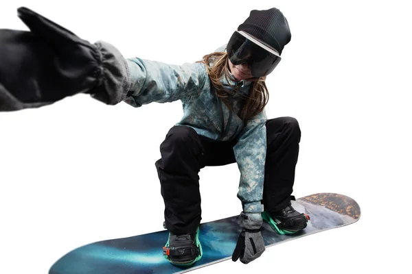 Snowboarder Dziewczyna Akcji Izolowane Białym — Zdjęcie stockowe