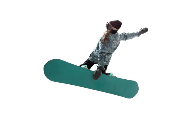 Snowboarder Κορίτσι Δράση Απομονωμένο Λευκό — Φωτογραφία Αρχείου