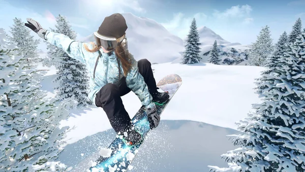 Snowboarder Girl Azione Sport Invernali Estremi — Foto Stock