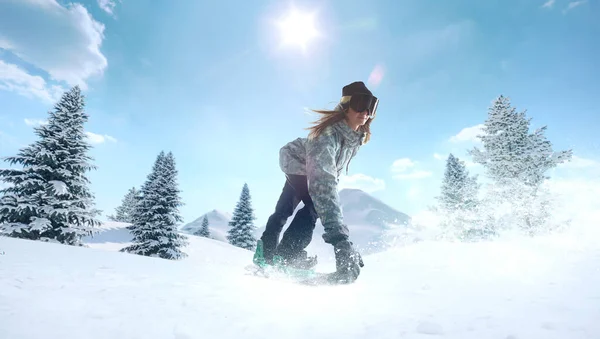 Gadis Snowboard Beraksi Olahraga Musim Dingin Ekstrim — Stok Foto