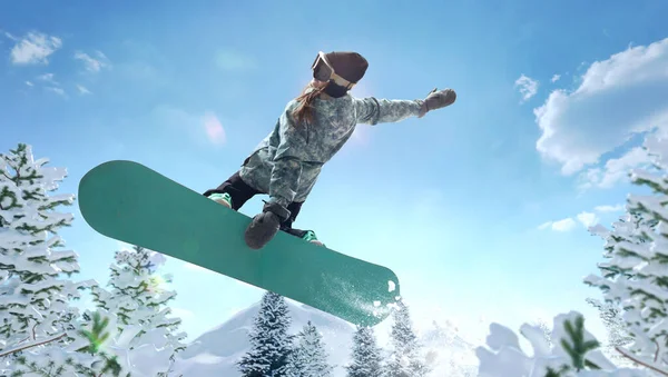Snowboarder Κορίτσι Δράση Ακραία Χειμερινά Αθλήματα — Φωτογραφία Αρχείου