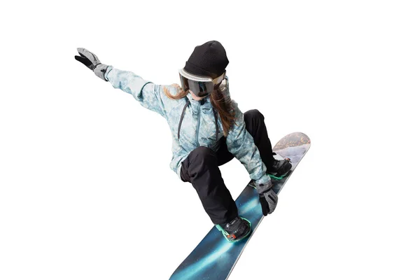 Snowboarder Meisje Actie Geïsoleerd Wit — Stockfoto