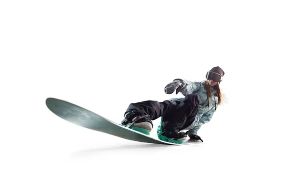 Snowboarder Flicka Aktion Isolerad Vit — Stockfoto