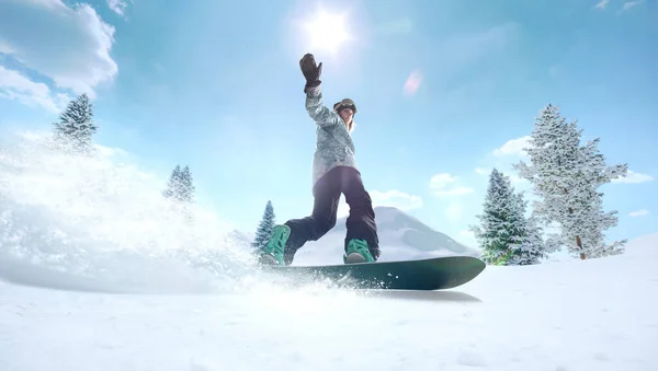 Snowboarder Flicka Aktion Extrema Vintersporter Stockbild