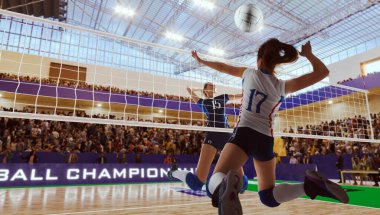 Profesyonel stadyumda kadın voleybol oyuncuları iş başında.