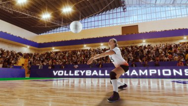 Profesyonel stadyumda kadın voleybol oyuncusu iş başında.