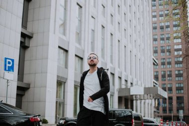 Gündüz vakti modern şehirde yürüyen şık bir adam. 