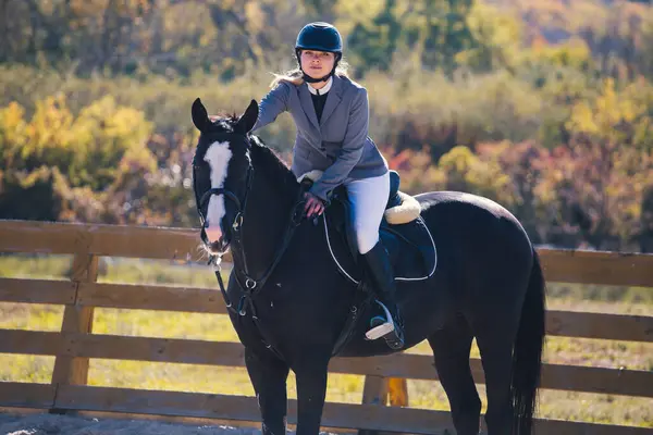 Menina Beleza Está Envolvida Equitação — Fotografia de Stock