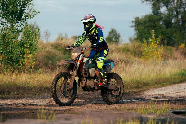 Female Motocross Young Biker Riding Motorcycle Action Sport — Stock Photo, Image