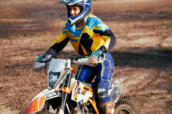 Female Motocross Young Biker Riding Motorcycle Action Sport — Stock Photo, Image