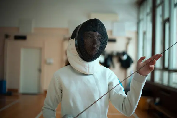 Schermsport Schoonheid Vrouwelijke Fencer Opleiding Hal — Stockfoto