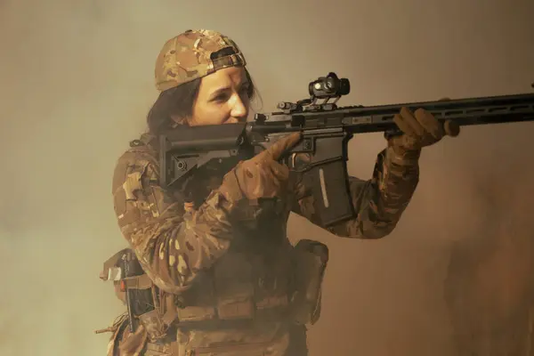Woman in army. Tactical exercise. Soldier.