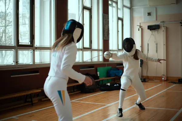 Fencing Sport Two Girl Fencers Training Hall — Stock Photo, Image