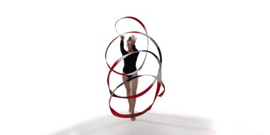 Beyaz arka planda ritmik jimnastik yapan kadın..