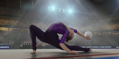 Profesyonel 3 boyutlu jimnastik stadyumundaki ritmik jimnastik kızı..