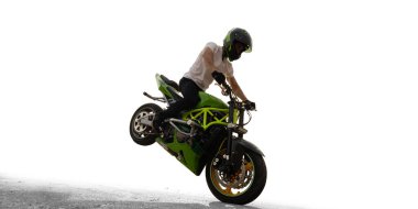 Moto dublör motosiklet sürücüsü beyaz arka planda izole.