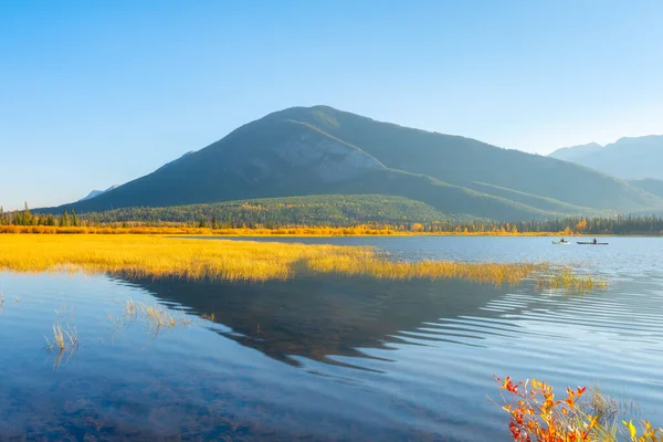 Vermilion湖 白天的风景 河谷中的一个湖泊 在水里的草 秋天的风景 山区和森林 自然景观 加拿大艾伯塔省班夫国家公园 — 图库照片