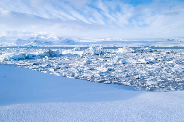 Island Som Bakgrund Vatnajokull National Park Panoramautsikt Över Islagunen Vinterlandskap — Stockfoto