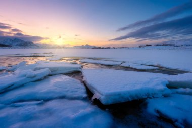 Kuzey, Norveç. Gün batımında kış manzarası. Parlak gökyüzü. Kıyıda buz ve kar var. Buz yüzeyindeki yansımalar. Karlı kış. Lofoten Adaları 'ndaki doğal kuzey manzarası. 
