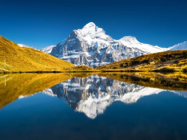 Yüksek dağlar ve gölün yüzeyindeki yansıma. Yaz aylarında dağlık arazide manzara. Karanlık gökyüzü. Yüksek çözünürlüklü fotoğraf. Grindelwald, İsviçre.