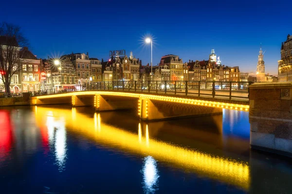 Amsterdam Belanda Malam Pemandangan Kota Langit Gelap Dan Lampu Kota — Stok Foto