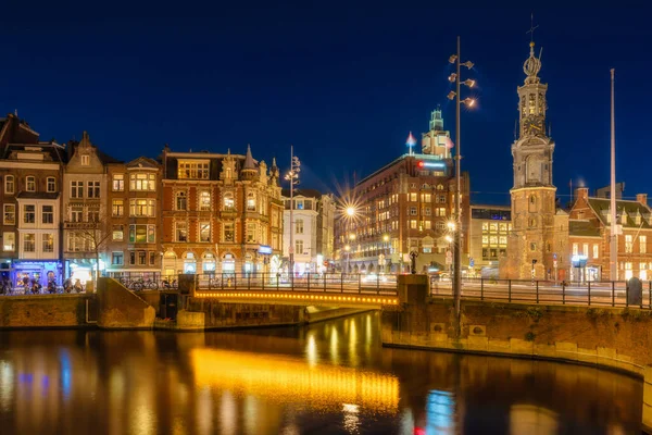 Amsterdam Belanda Malam Pemandangan Kota Langit Gelap Dan Lampu Kota — Stok Foto