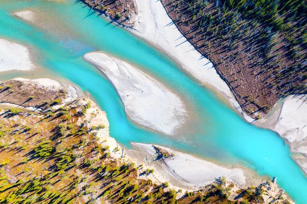 Drone view of the river and forest in the glacier valley. View of the moraines. Landscape from the air.  River on a moraine. Landscape from drone. Abstract view for wallpaper.