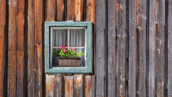 Window in the wall and potted flowers. Vintage interior and exterior design of a house. Wooden walls made of boards.