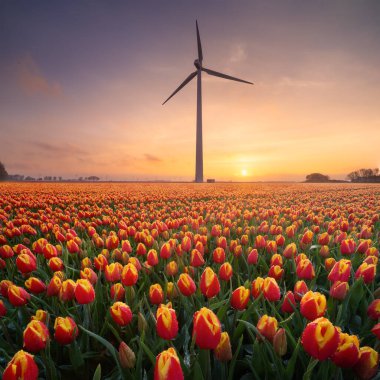 Gün batımında bir lale tarlası. Hollanda 'daki bir alanda rüzgar jeneratörü. Yeşil enerji üretimi. Gün batımında çiçeklerle birlikte manzara. Duvar kağıdı ve arkaplan için fotoğraf. Flevoland, Hollanda.