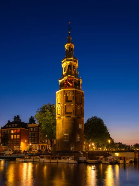 Menara Montelbaan Amsterdam Belanda Malam Pemandangan Kota Langit Gelap Dan — Stok Foto