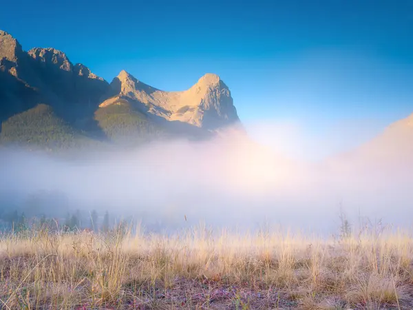 Podzimní Krajina Ráno Mlhavá Krajina Horský Vrchol Sluneční Paprsky Údolí — Stock fotografie