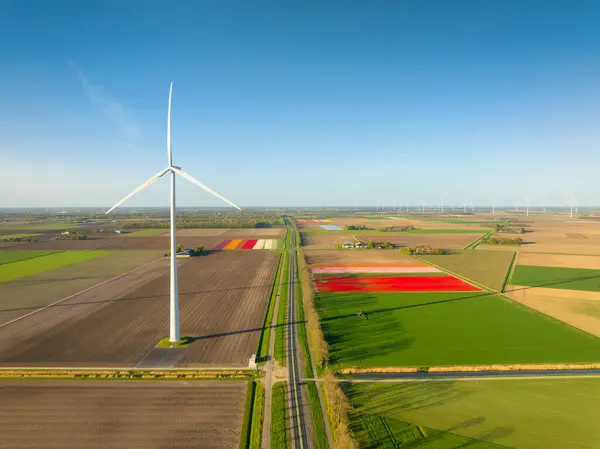 Marker Vindmøller Vindgenerator Banen Udsigt Fra Drone Grøn Energiproduktion Landskab Stock-billede