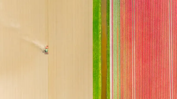 農業輸送について 現場のトラクター その土地で働く フィールドの空中ビュー ドローンからの風景 光と影 ドローンからの自然な背景 上からの眺め 農業について ロイヤリティフリーのストック写真