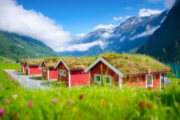 Traditional Scandinavian Houses Moss Roof Beautiful Mountain Lake Norway Nordic Stock Picture