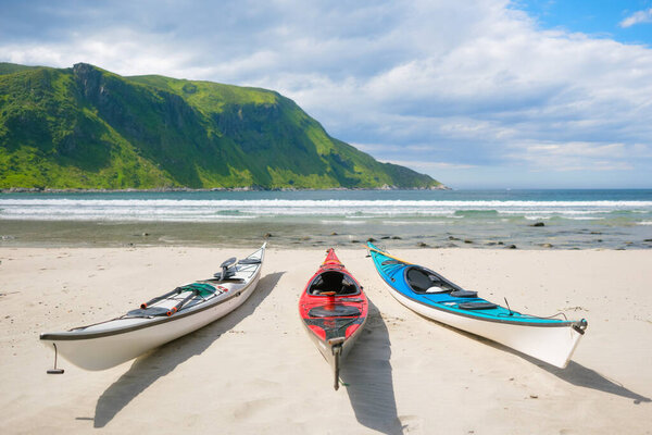 Kayaks Sandy Shore Water Sports Active Recreation Travel Summer Time Royalty Free Stock Images