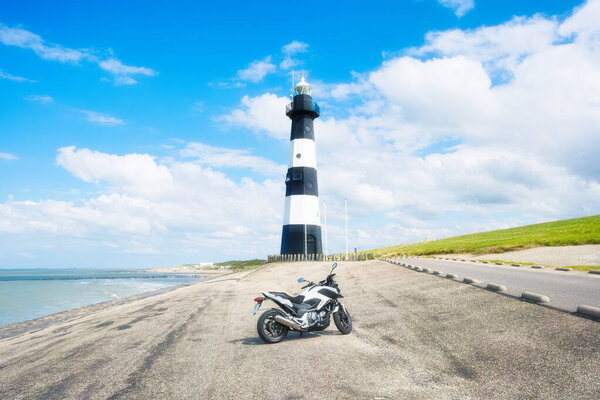 Traveling Motorcycle Summer Vacation Sea Coast Lighthouse Active Transportation Travel Stock Photo