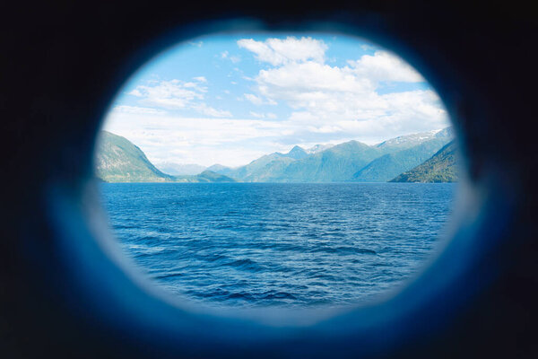 Norway Nature Fjords View Fron Ship High Mountains Reflections Surface Stock Picture